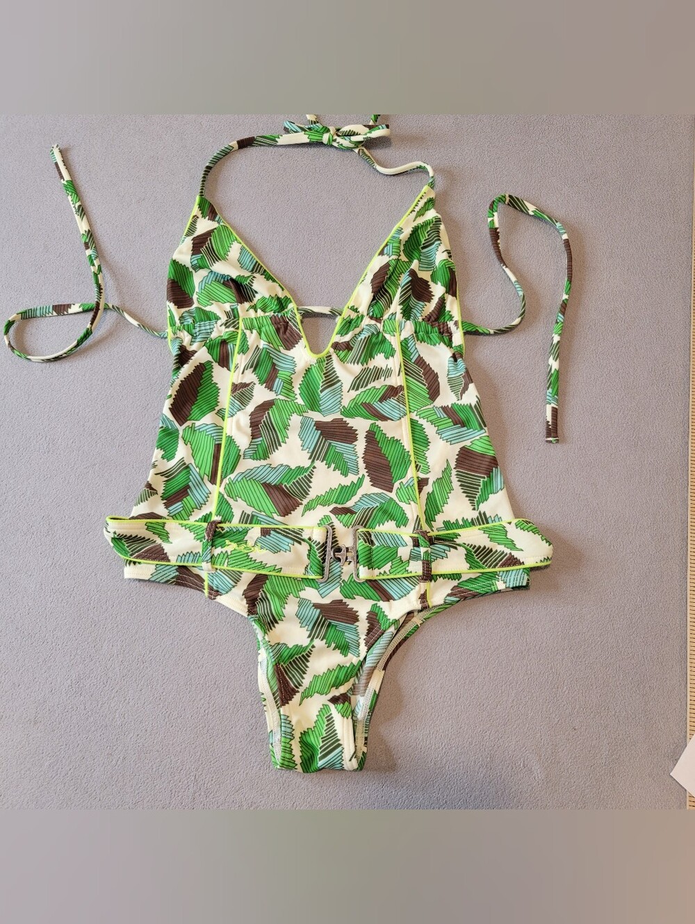 Diesel Vintage One Piece Floral Tropical Green Brown Swimsuit Size Small